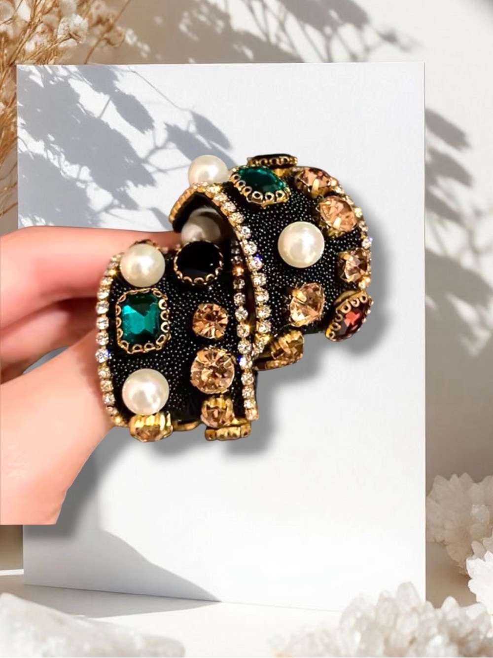 Glamorous Black & Gold Wide Cuff earrings with Emerald Crystals and Pearls